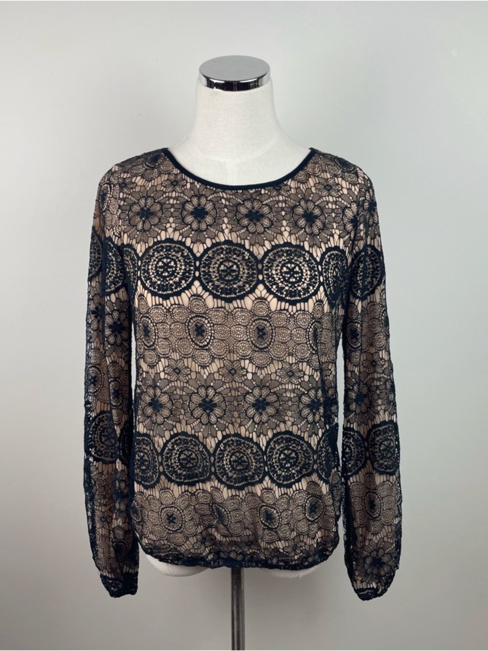 Sophie Max Black Tan Geometric Floral Lace Blouse Top Long Sleeve Women Small